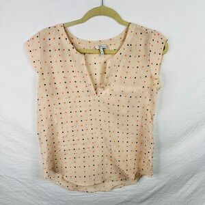 Joie XS‎ Top Blouse Cream Capped Sleeves V-neck 100% Silk Printed Design